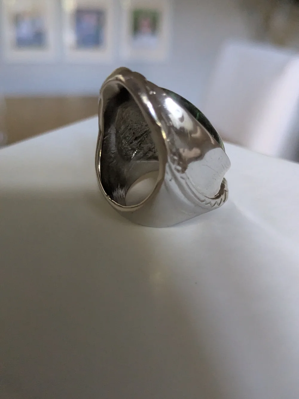 Vintage Silver Ring with Green and Blue Peacock Glass Cabochon Size 6